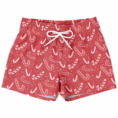 Boys red candy cane christmas quick drying swim trunks with white candy cane dot pattern elastic waistband and drawstring
