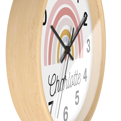 Girls Custom Name Rainbow Heart Silent Wood Wall Clock