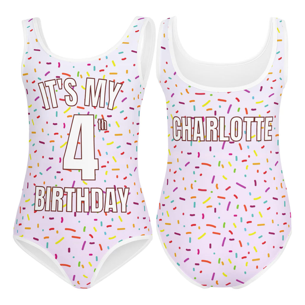 Girls Colorful Sprinkles Custom Age It's My Birthday Buttery Soft Leotard With Name On Back - Quick Drying For Dance and Gymnastics