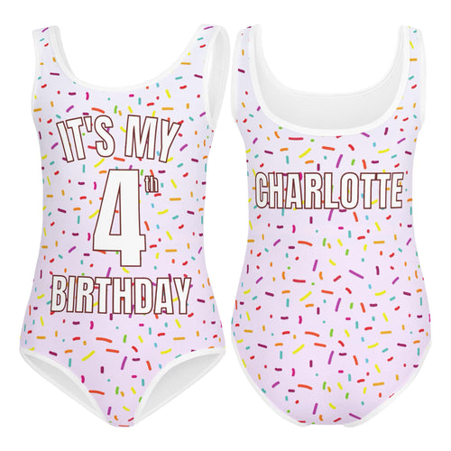White one-piece swimsuit with colorful sprinkles and personalized text for girls birthday dance and gymnastics use