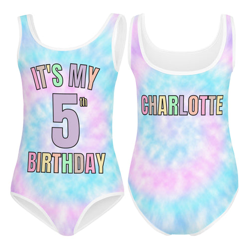 Pastel tie-dye one-piece swimsuit with white trim featuring personalized age and name for girls dance and gymnastics