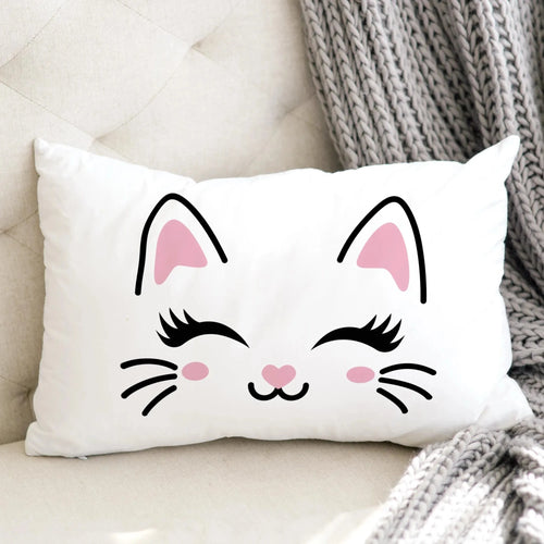 White rectangular girls cute cat pillowcase with cartoon cat face, black outlined ears, pink details, and rosy cheeks