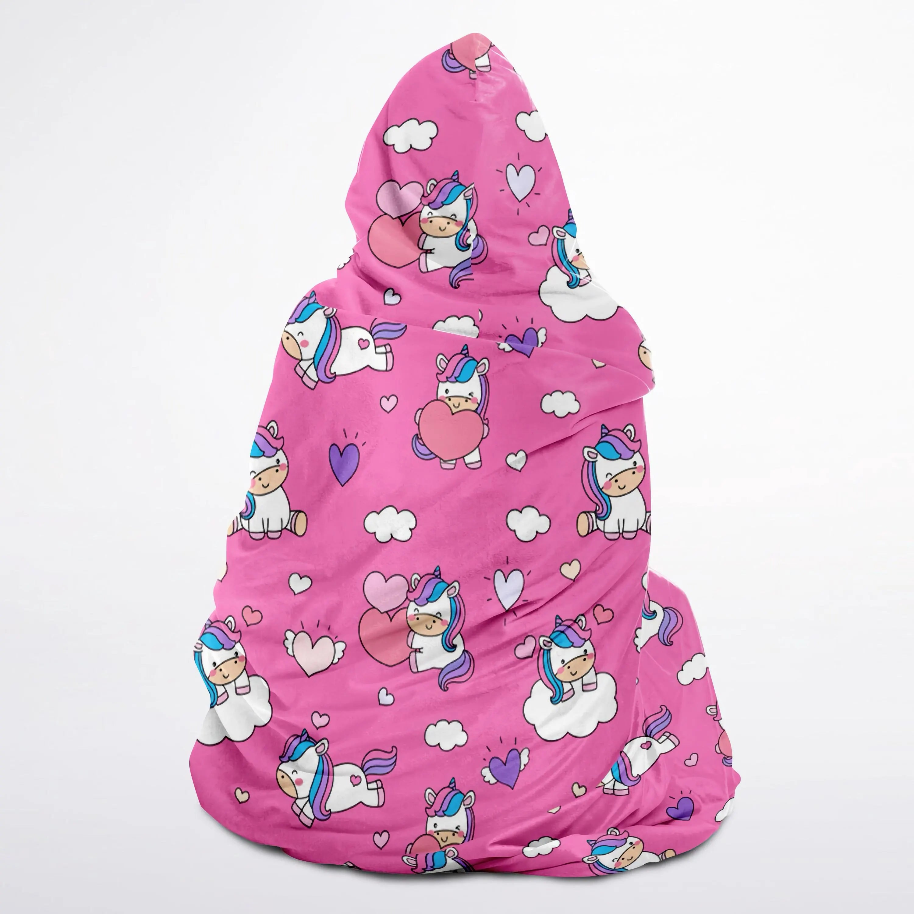 Pink unicorn-themed wearable blanket in a hooded bean bag chair style with cartoon unicorns and hearts design