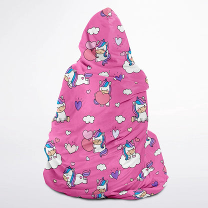 Girls Pink Unicorn Hearts Hooded Wearable Blanket