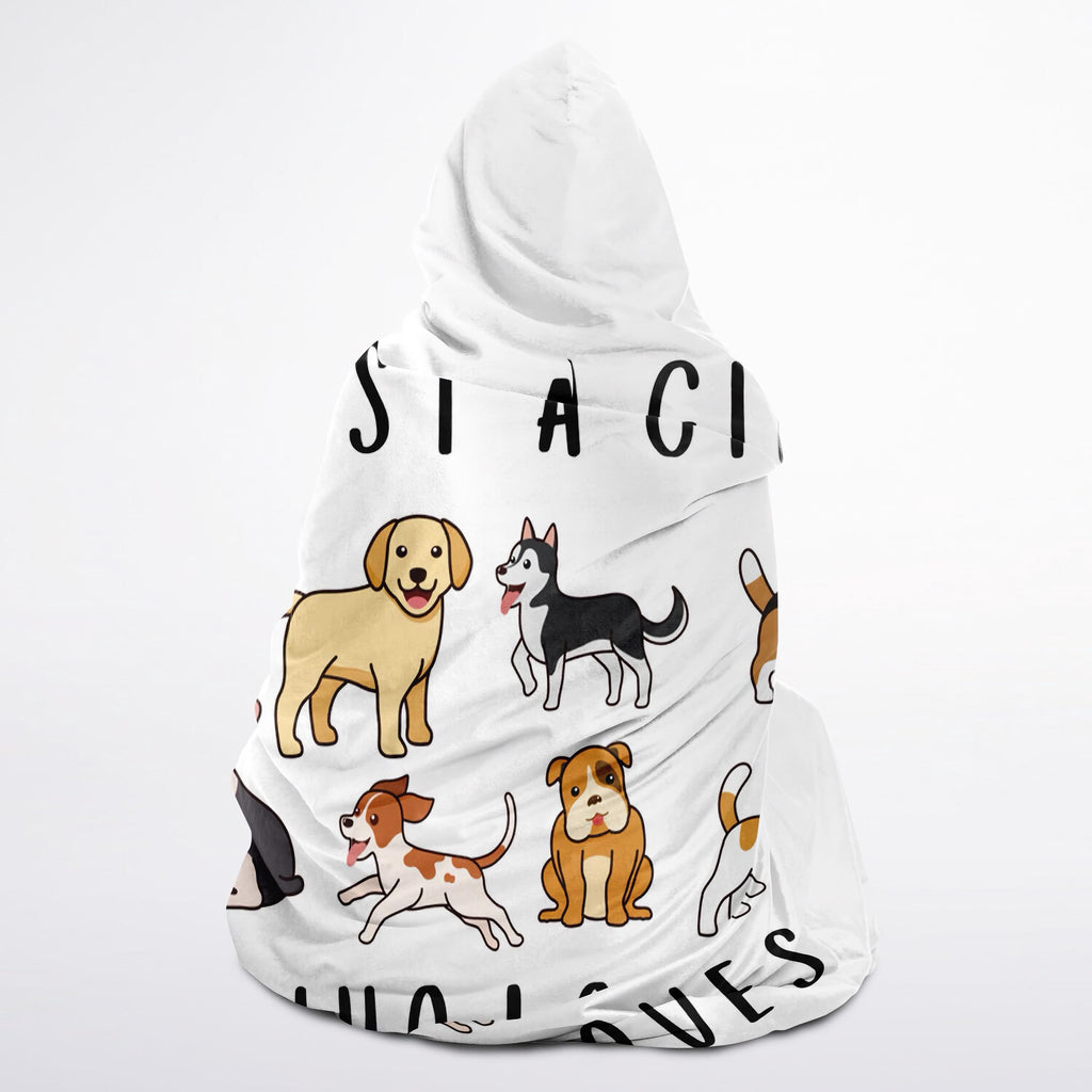 White hooded wearable blanket for girls with playful dog breeds cartoon print and siaci text in bold black letters