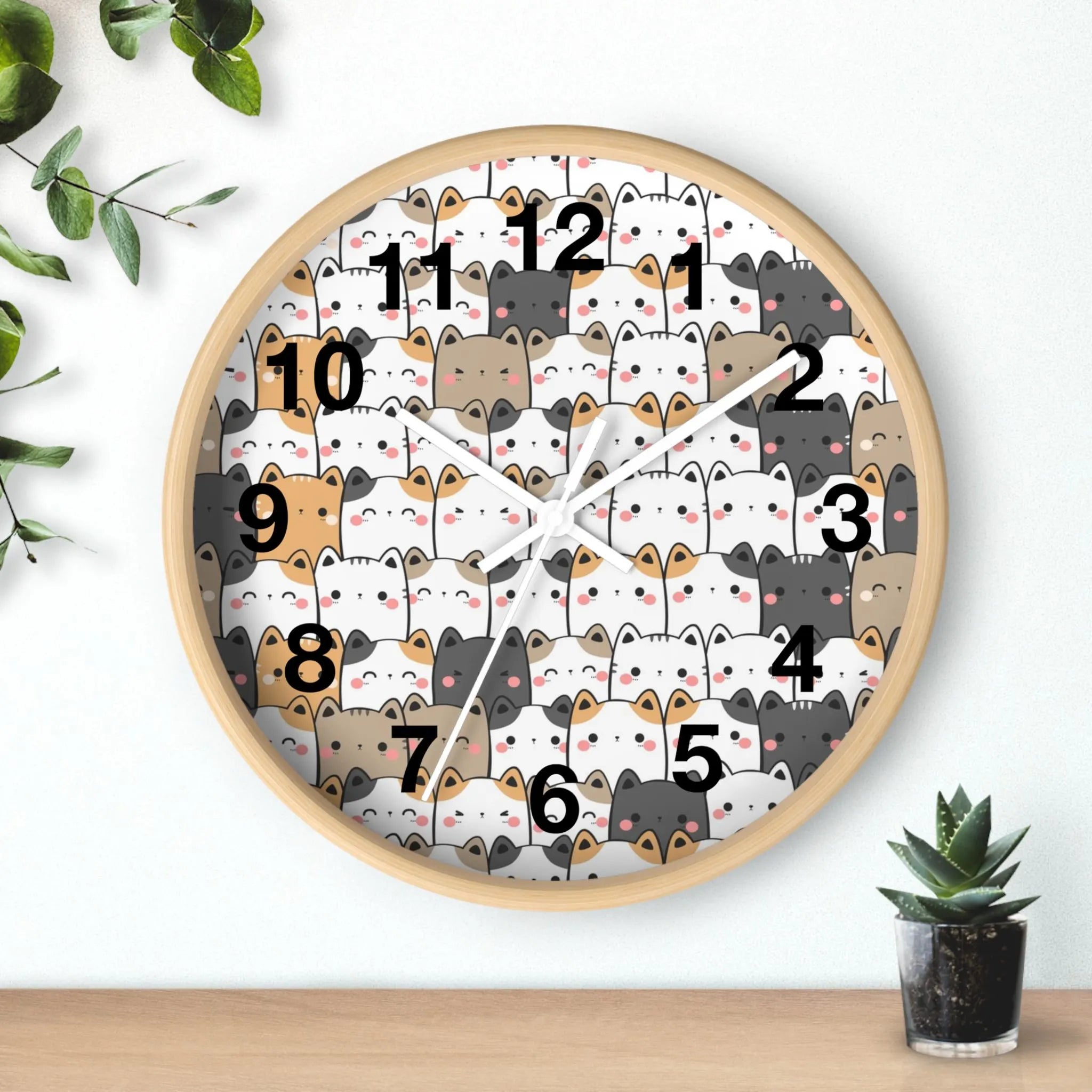 Kawaii Cat Silent Wood Wall Clock