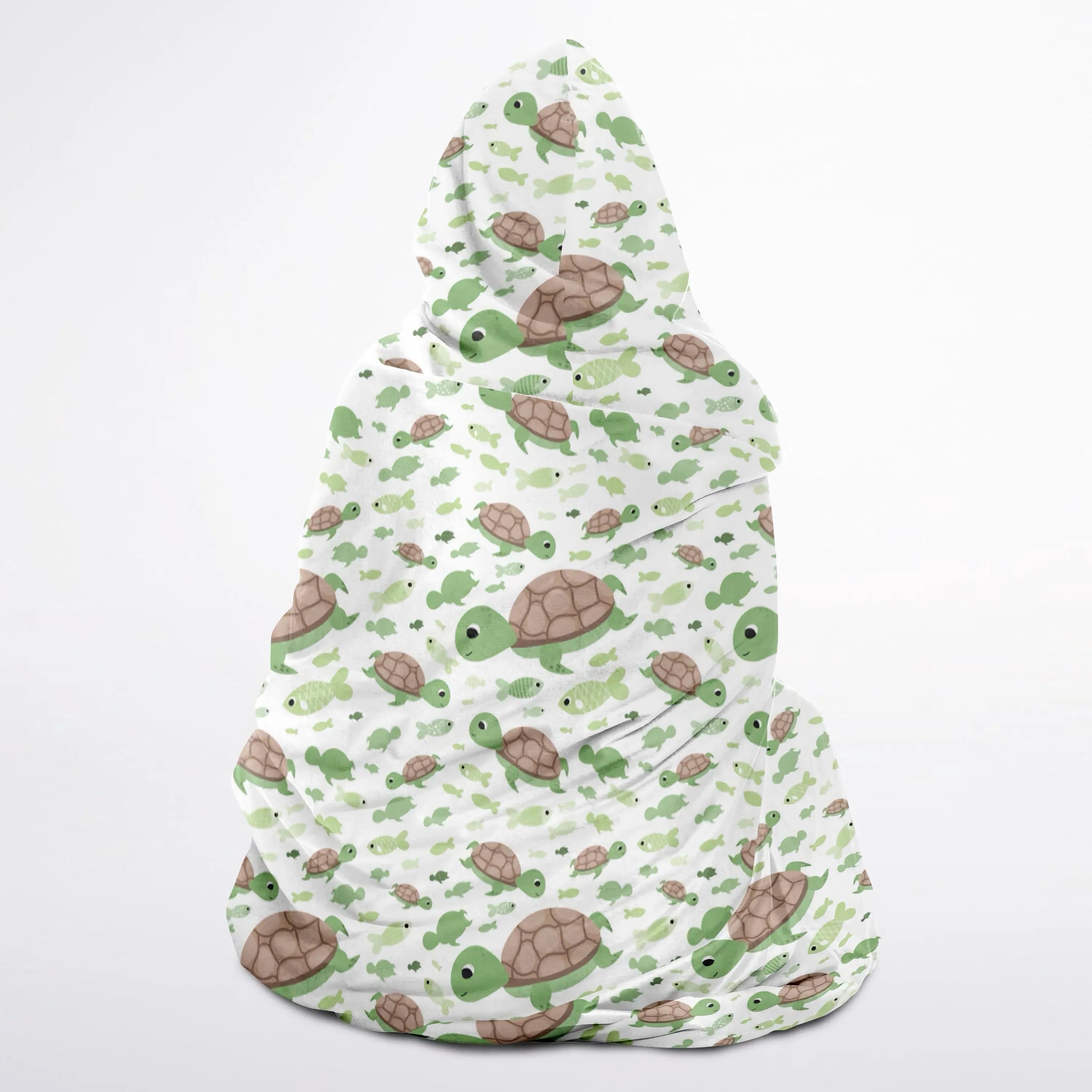 Kids green sea turtle hooded wearable blanket soft white fleece with playful green and brown cartoon turtle pattern
