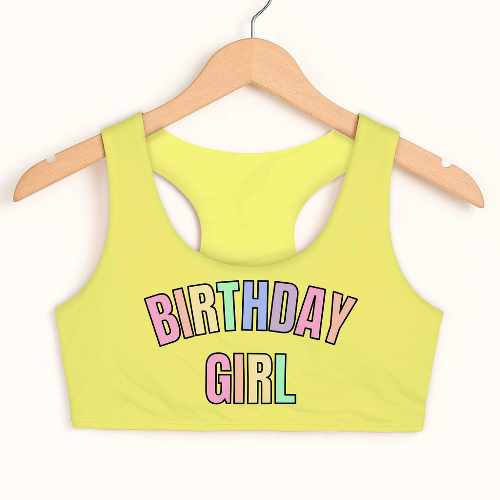 Birthday Girl Pastel Rainbow Font Sports Bra - Quick Drying, Double Layered Comfort
