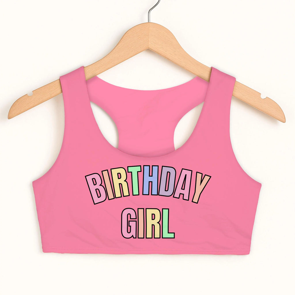 Birthday Girl Pastel Rainbow Font Sports Bra - Quick Drying, Double Layered Comfort