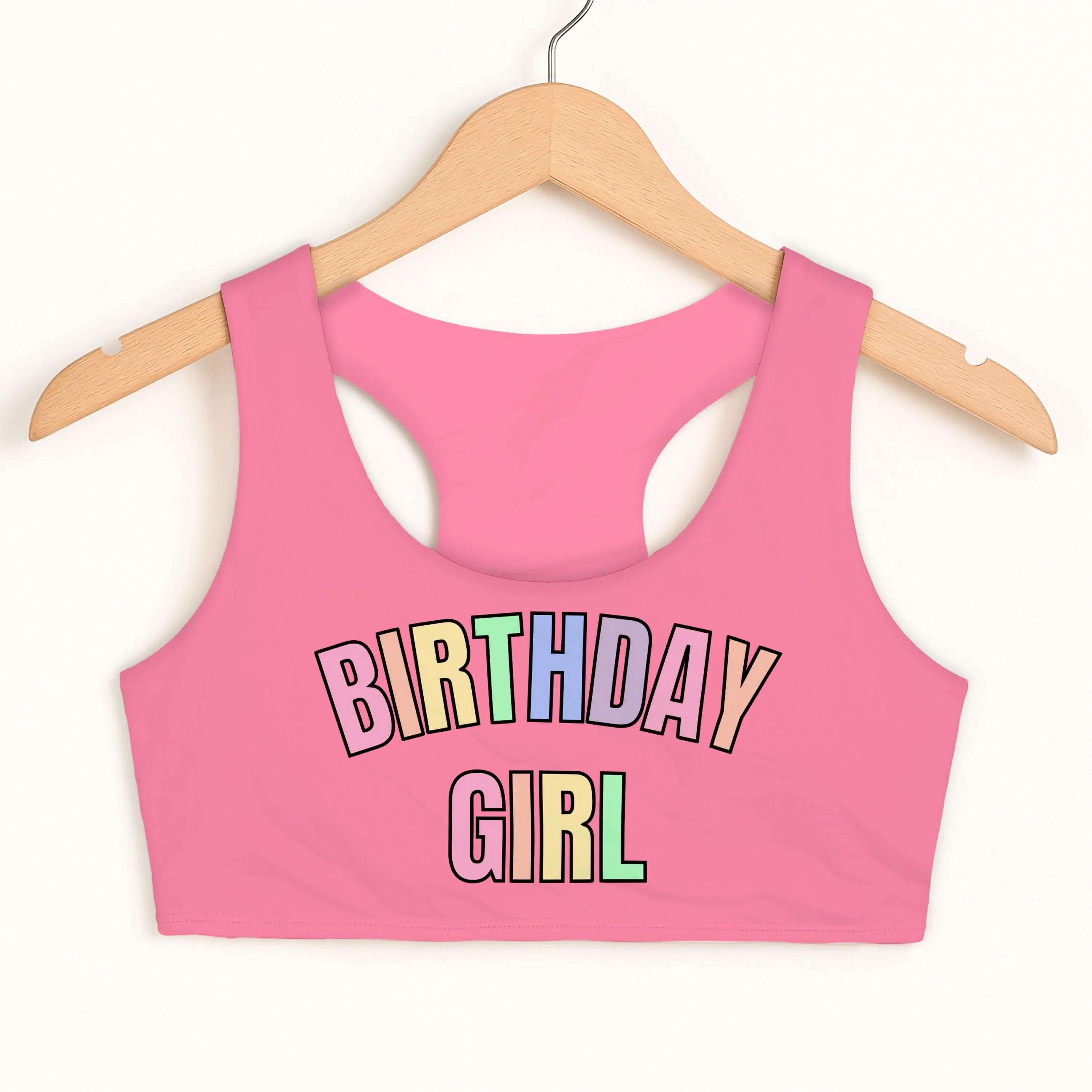 Birthday Girl Pastel Rainbow Font Sports Bra - Quick Drying, Double Layered Comfort