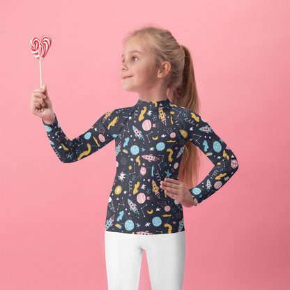 Kids Outer Space Rash Guard Long Sleeve Swim Shirt With UPF 50+