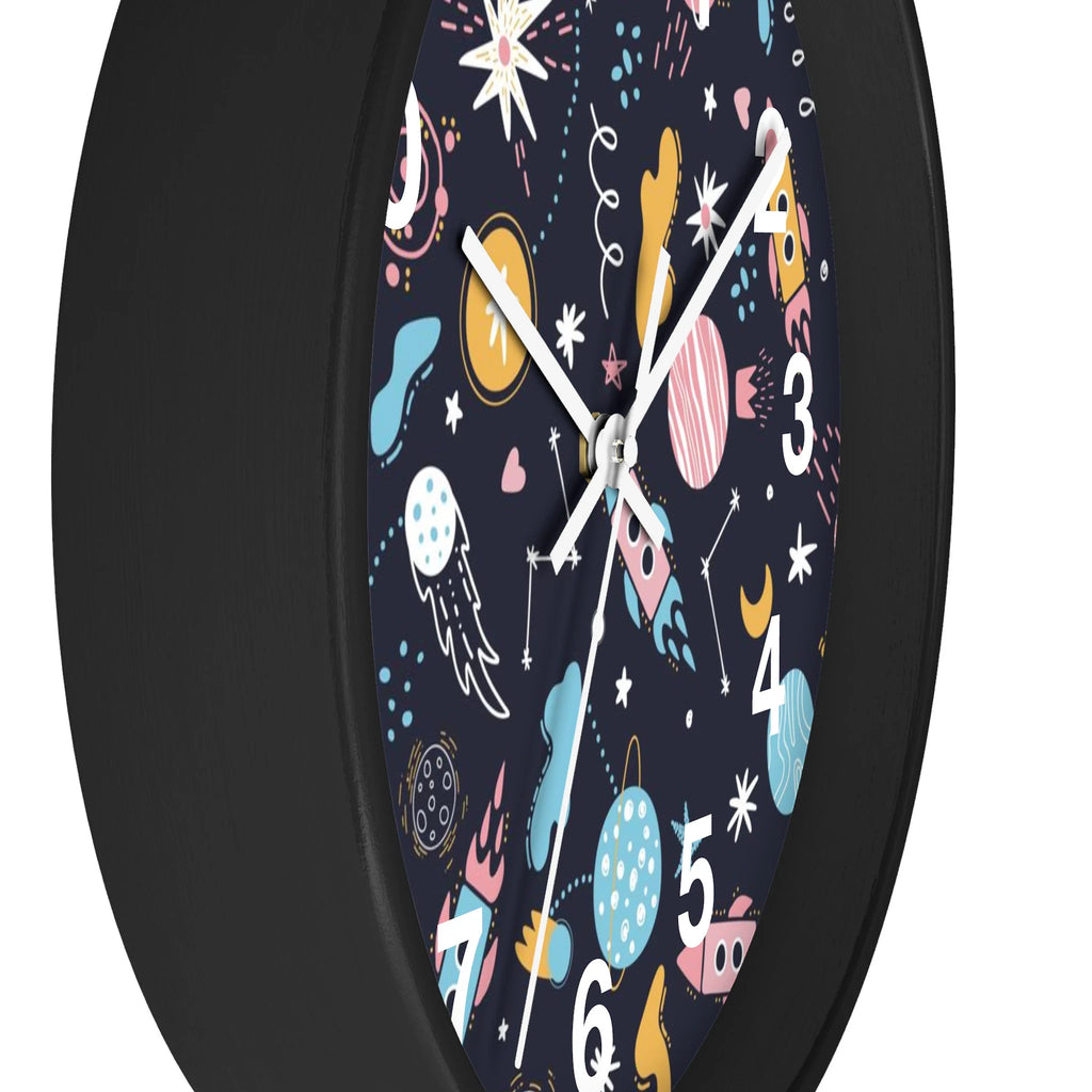 Kids outer space silent wood wall clock with a black frame dark blue face and colorful cartoon planets and stars design