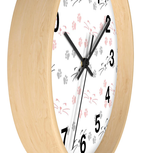 Cat whiskers and paw prints silent wood wall clock with light wood frame white face and pink gray cat designs