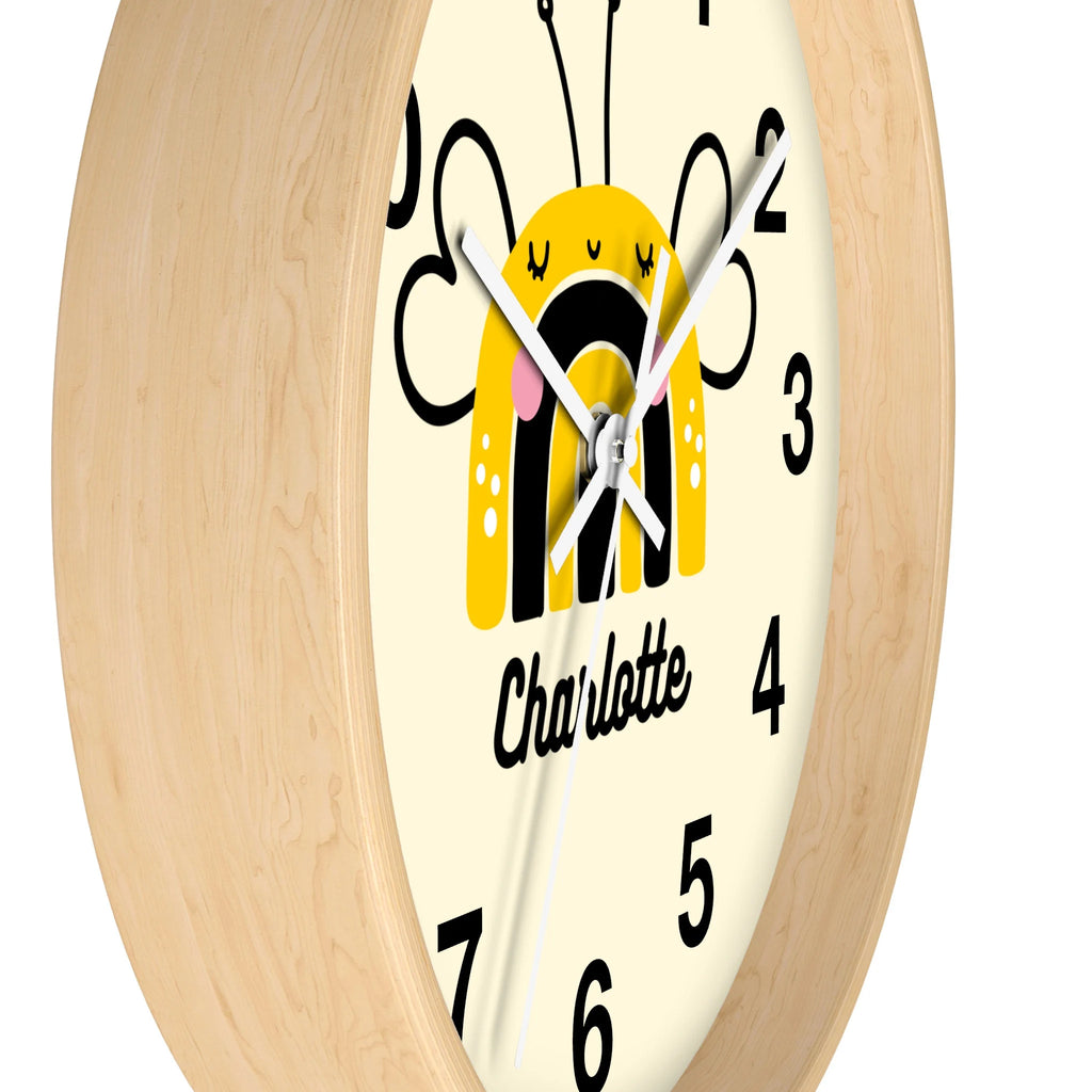 Kids custom name bee silent wood wall clock with yellow bee design cream face black numerals light wood frame