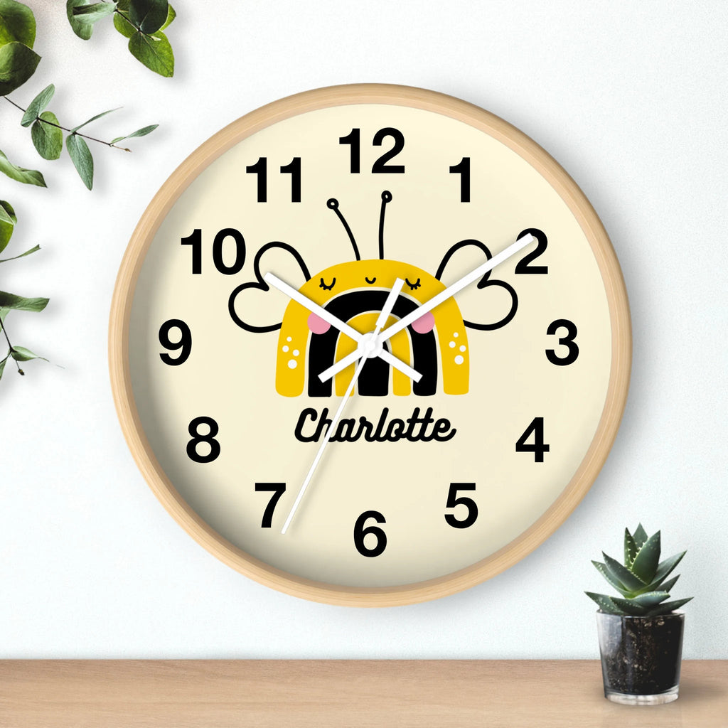 Kids custom name bee silent wood wall clock with round wooden frame yellow bee design and bold black numerals