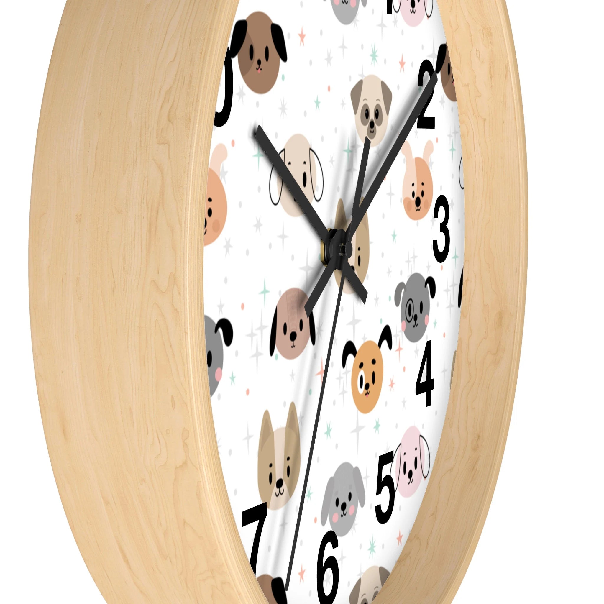 Kids dog face silent wood wall clock with light wood frame white face featuring colorful cartoon dog faces