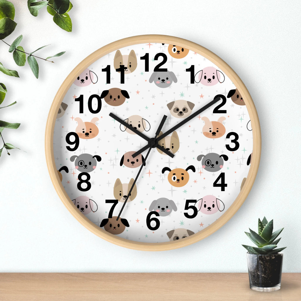 Kids dog face silent wood wall clock with a light wood frame and white face featuring cartoon dog faces in brown and gray