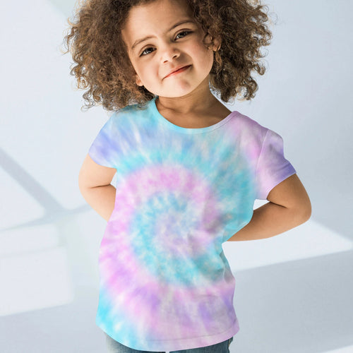 Girls faux tie dye t shirt with vibrant pastel pink purple and light blue swirling patterns for toddlers