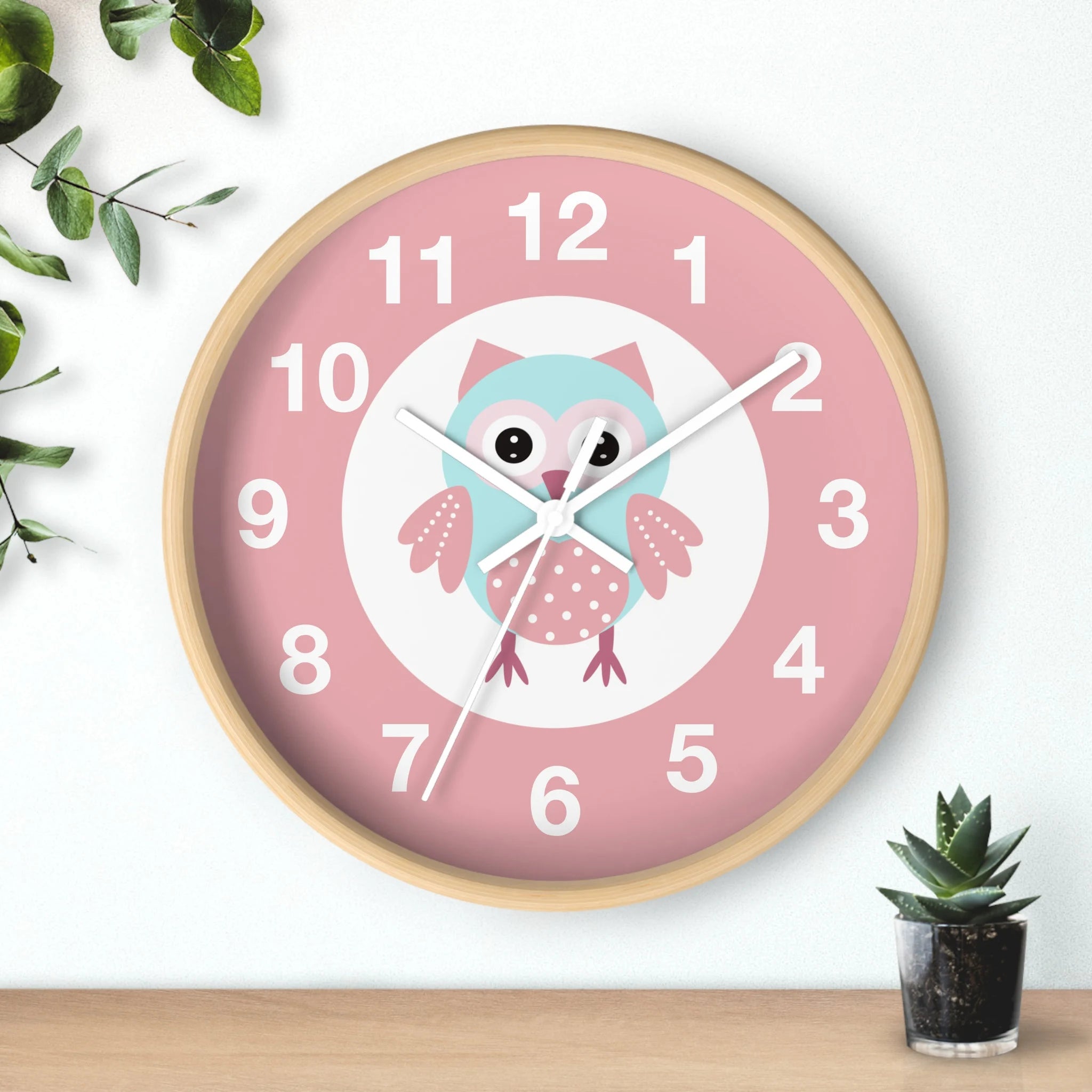 Girls pink owl silent wood wall clock with light wood frame pink face white numbers and teal owl illustration