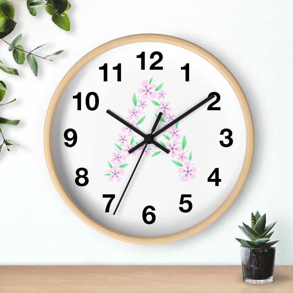 Kids initial custom floral silent wood wall clock round with light wood frame white face black numerals and pink floral a
