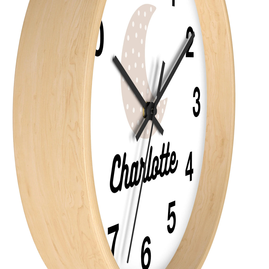 Kids custom name moon silent wood wall clock round with light wood frame white face black numerals cursive name charlotte