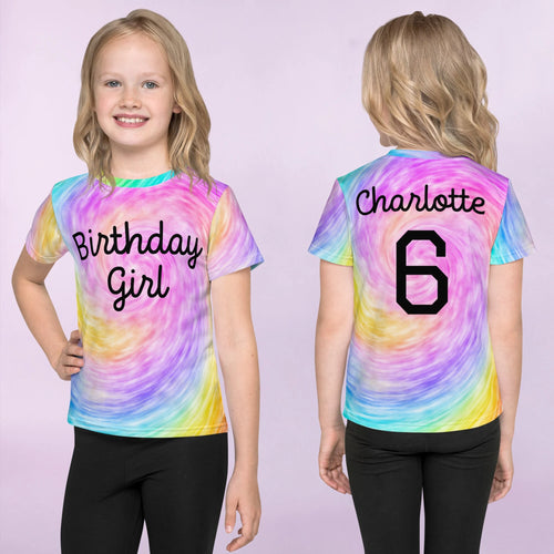 Girls custom age and name faux rainbow tie dye short-sleeved t-shirt with birthday girl charlotte and number 6 printed in black script