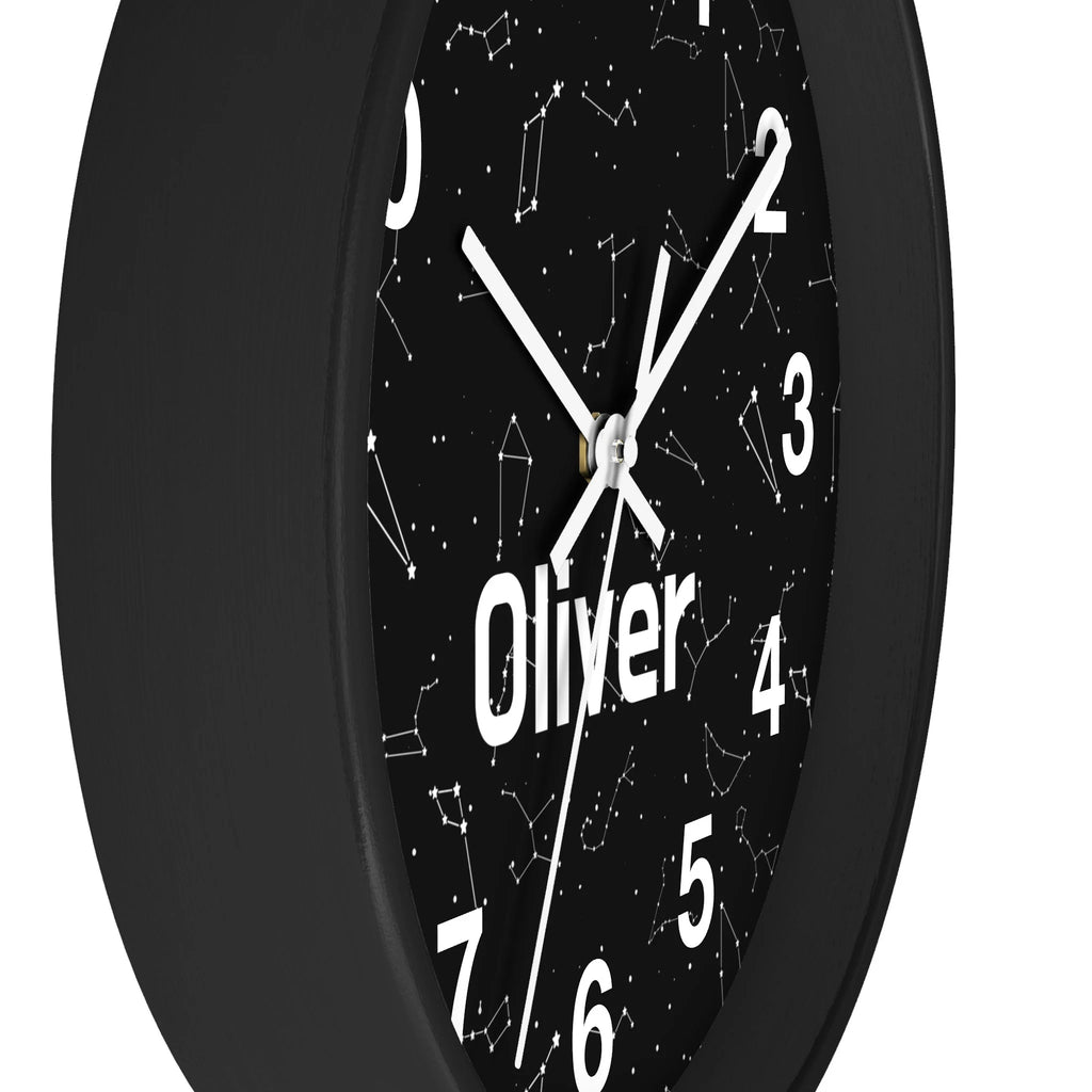 Kids custom name realistic constellations wood wall clock black with white star constellations and oliver in bold