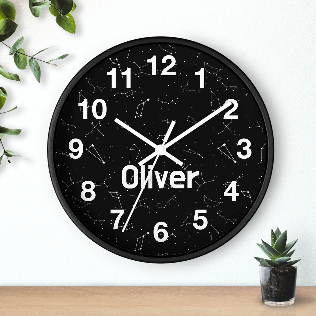 Kids custom name realistic constellations wood wall clock black with white numerals and oliver in center
