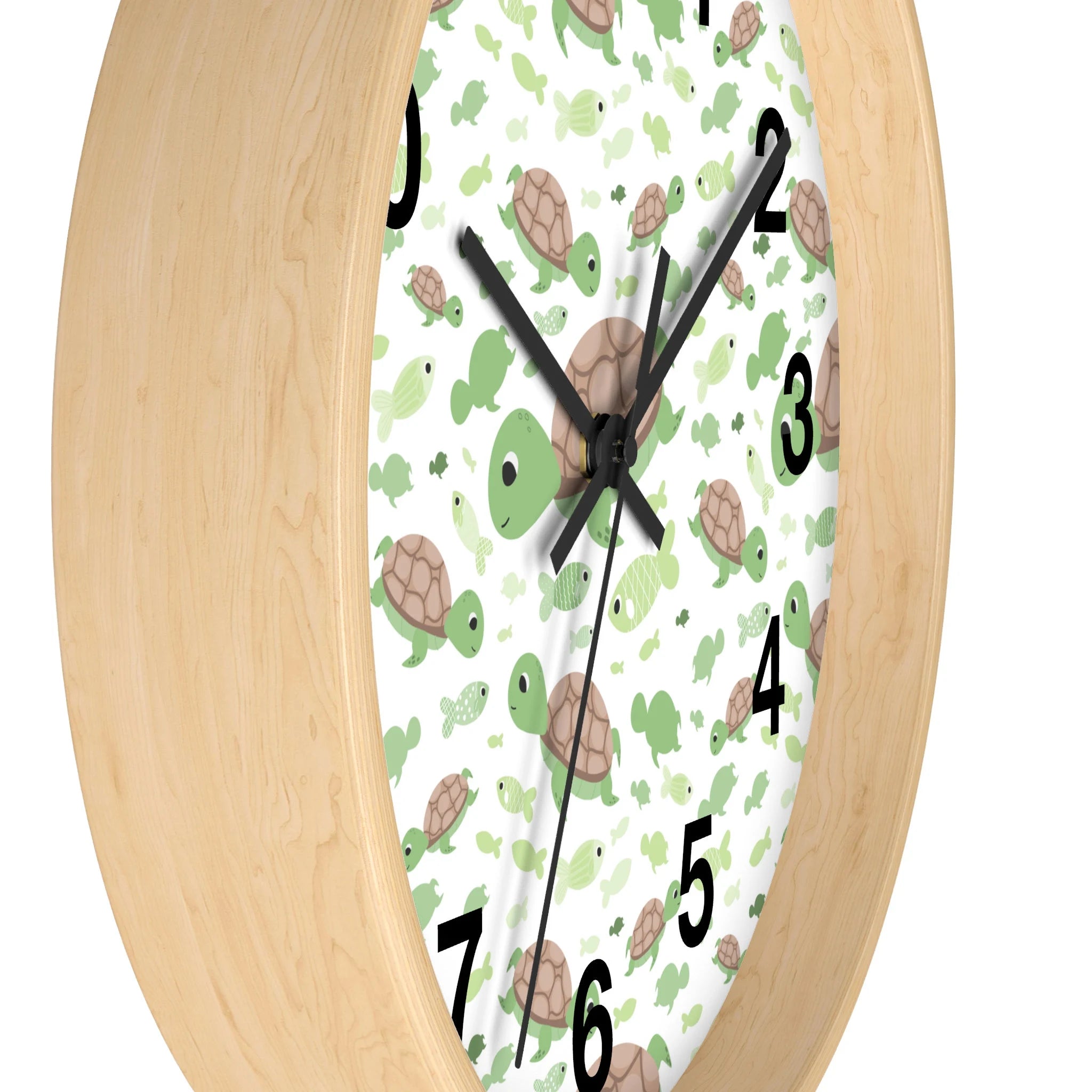 Kids green sea turtles silent wood wall clock with light wood frame white face and playful green turtle pattern