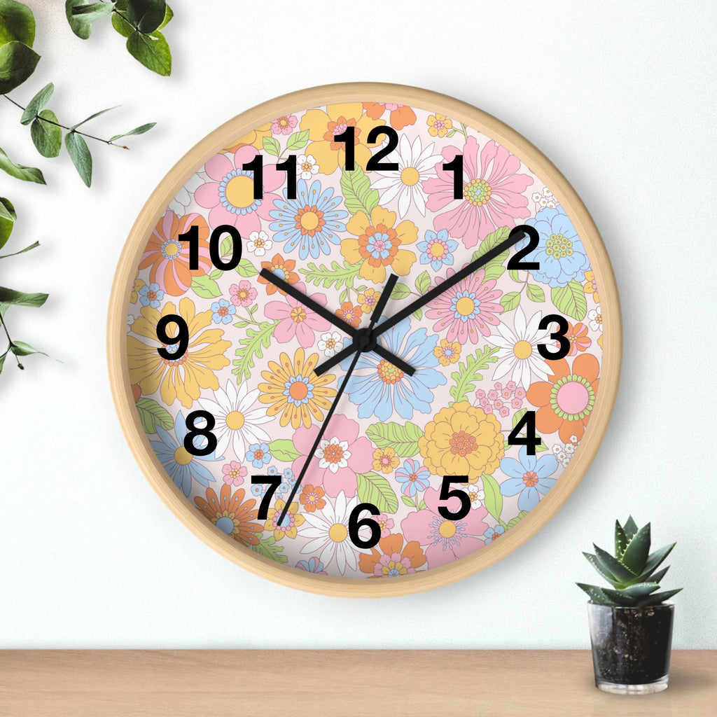 Colorful retro flowers silent wood wall clock with a light wood frame and vibrant floral pattern on off-white background