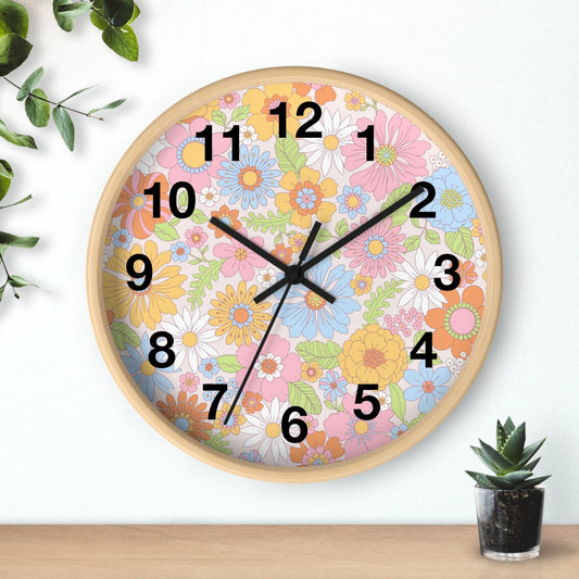 Colorful Retro Flowers Silent Wood Wall Clock