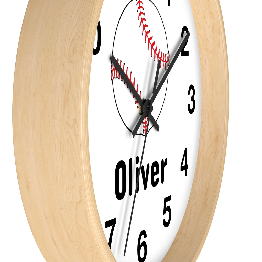 Kids custom name baseball silent wood wall clock with light wood frame white face black numerals and red baseball stitching