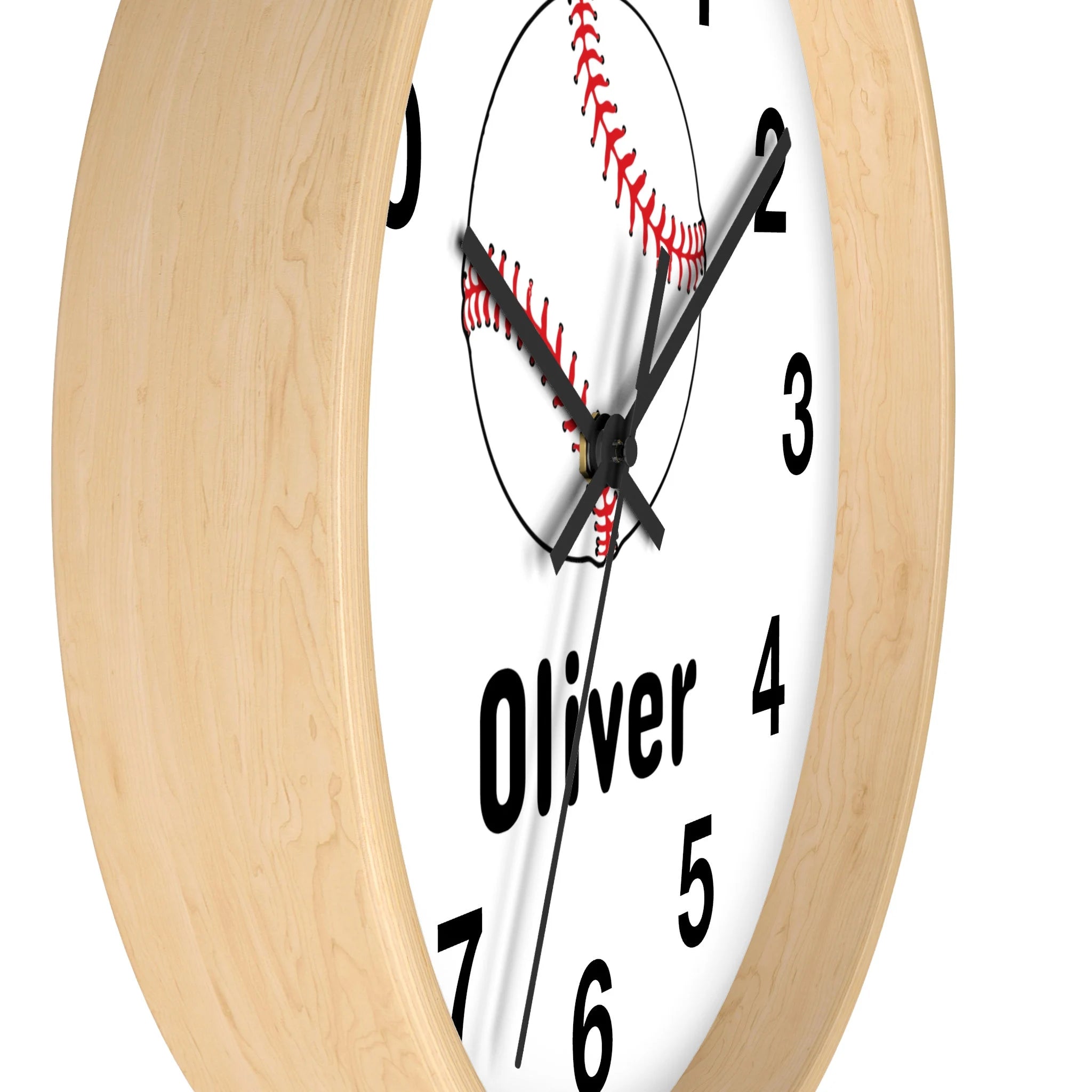 Kids custom name baseball silent wood wall clock with light wood frame white face black numerals and red baseball stitching