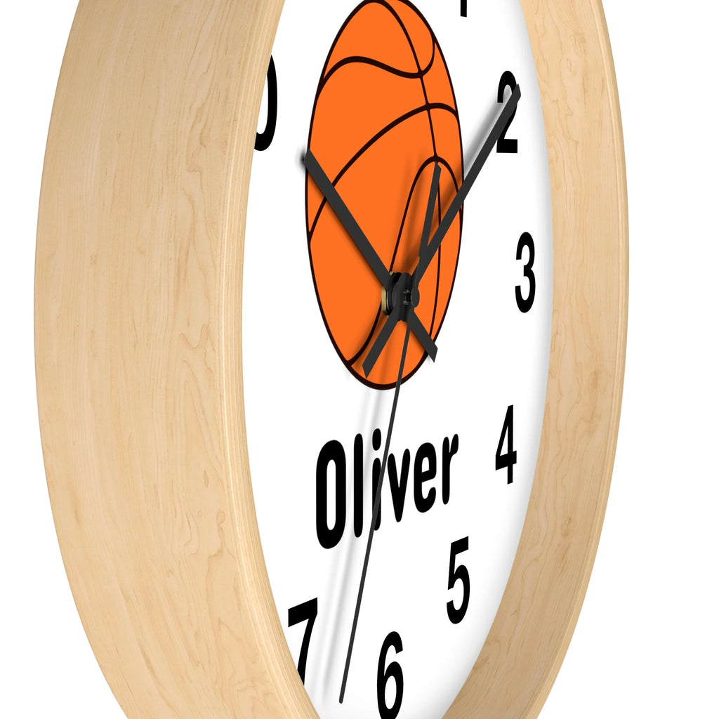 Kids custom name basketball silent wood wall clock with light wood frame white face black numerals and orange basketball graphic