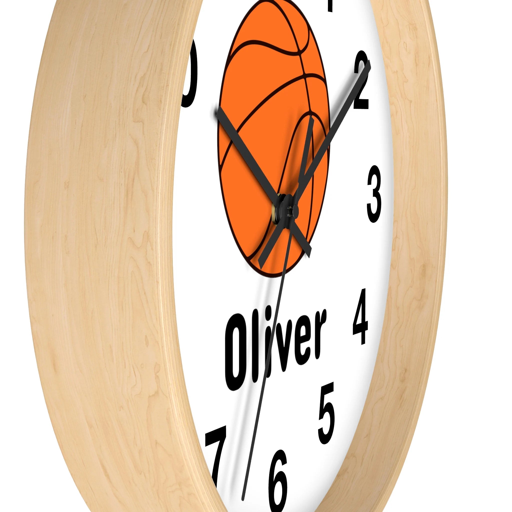 Kids custom name basketball silent wood wall clock with light wood frame white face black numerals and orange basketball graphic