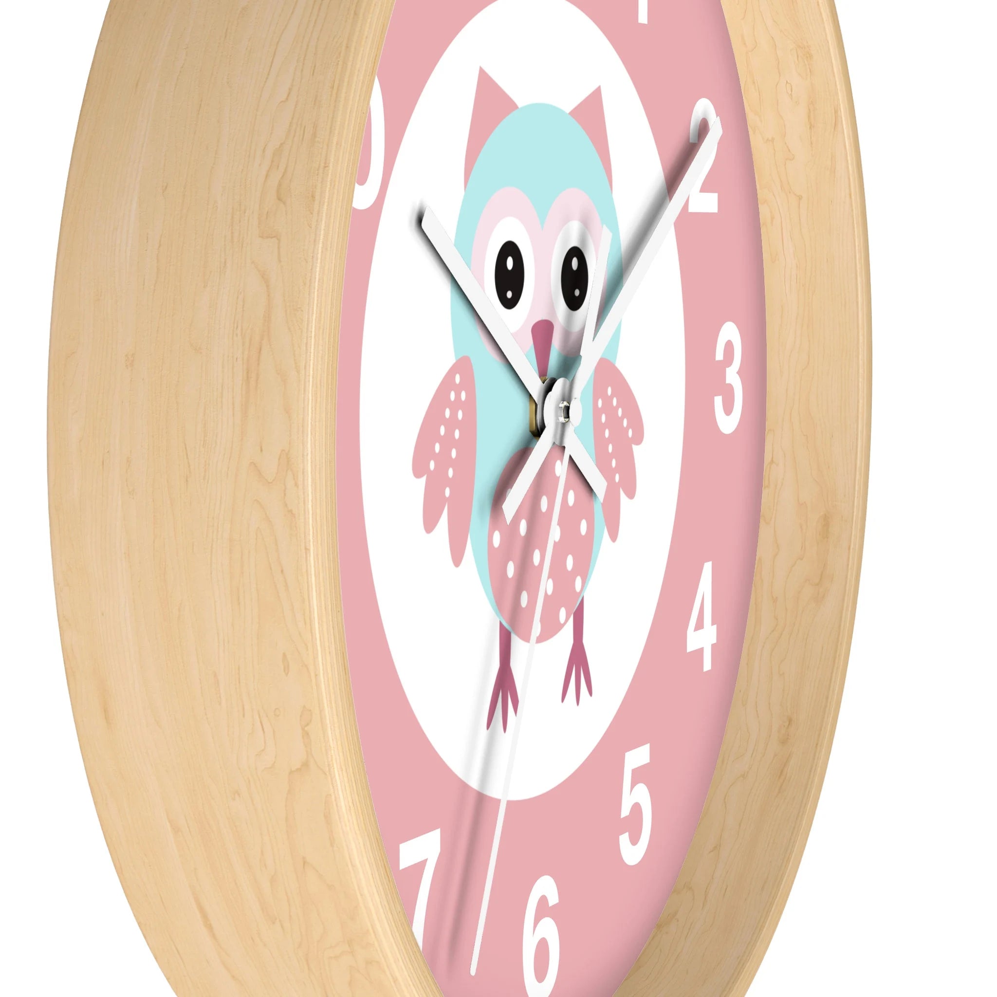 Girls pink owl silent wood wall clock with round wooden frame and light blue owl on pink background