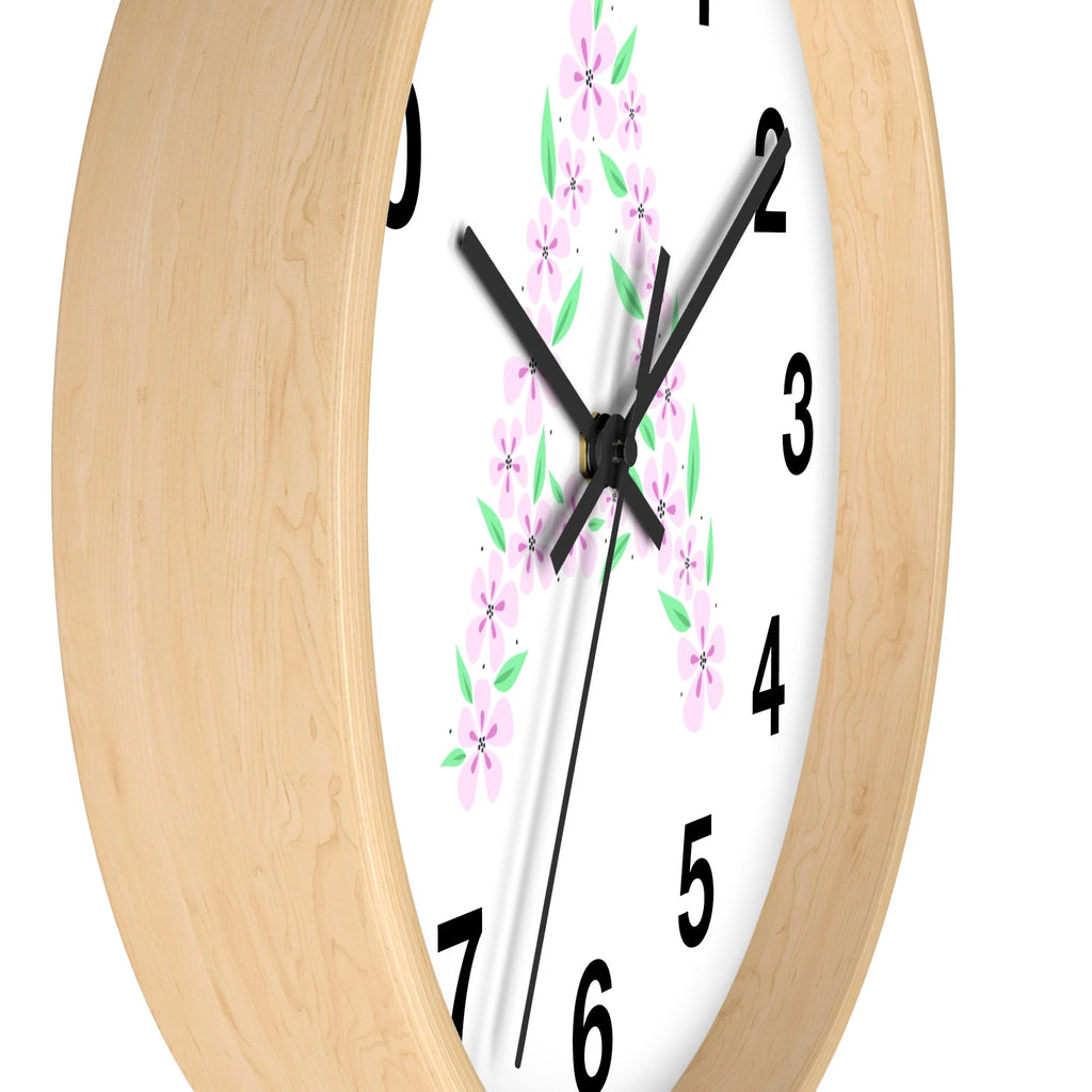 Kids initial custom floral silent wood wall clock with light wood frame white face pink floral patterns and black numerals