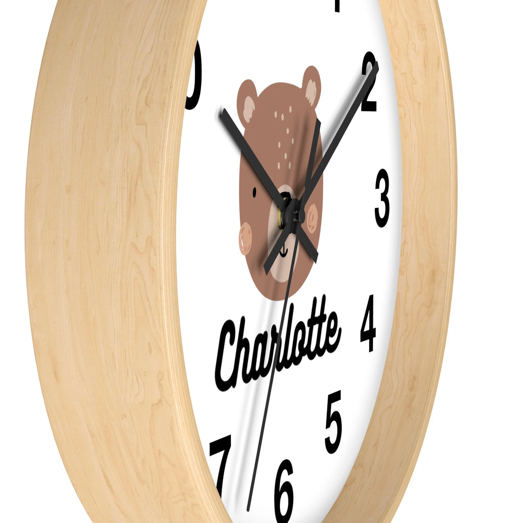 Kids custom name bear face silent wood wall clock with a round wooden frame white face and brown bear illustration