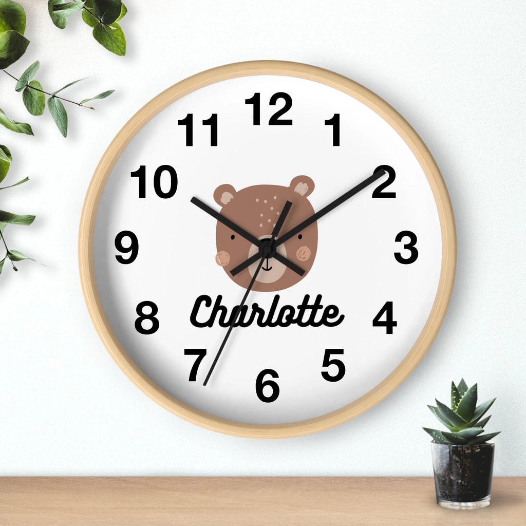 Kids custom name bear face silent wood wall clock with round wooden frame black numerals and cute brown bear face center