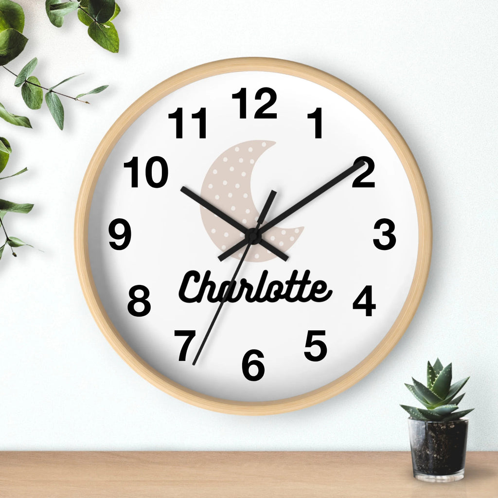 Kids custom name moon silent wood wall clock with light wood frame white face black numerals and personalized crescent moon design