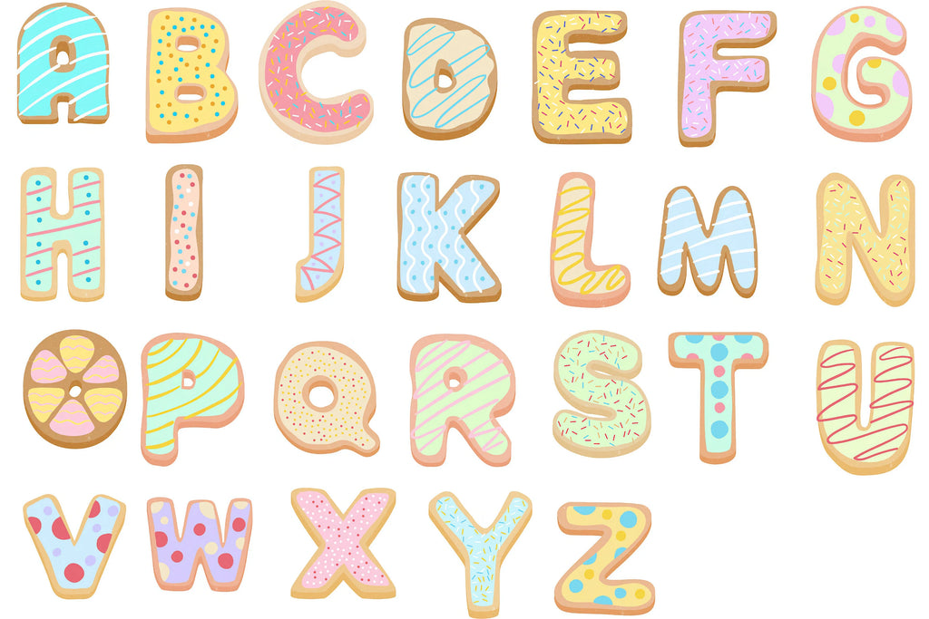 Pastel-colored donut-shaped alphabet letters with icing and sprinkles on kids custom name cookie hoodie design