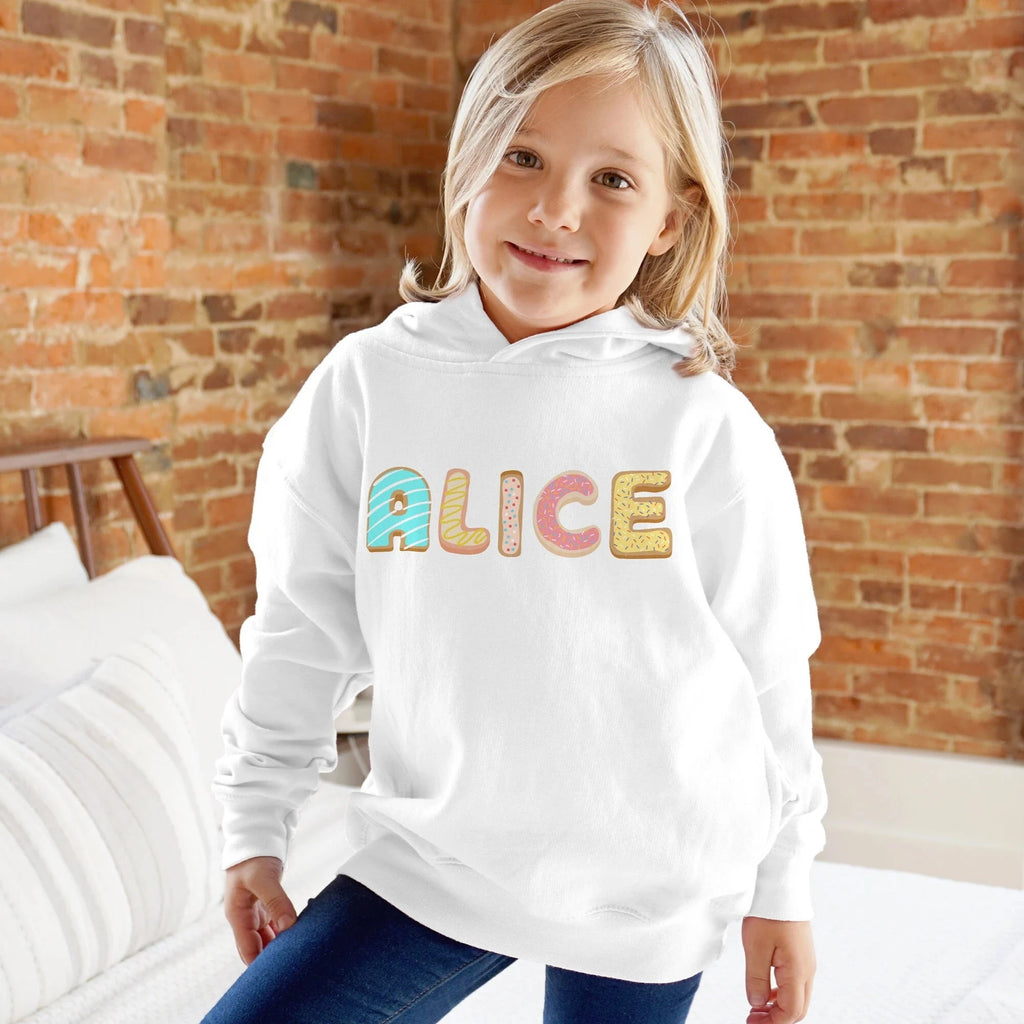 Kids custom name cookie hoodie white hoodie with colorful donut themed lettering spelling alice across the chest