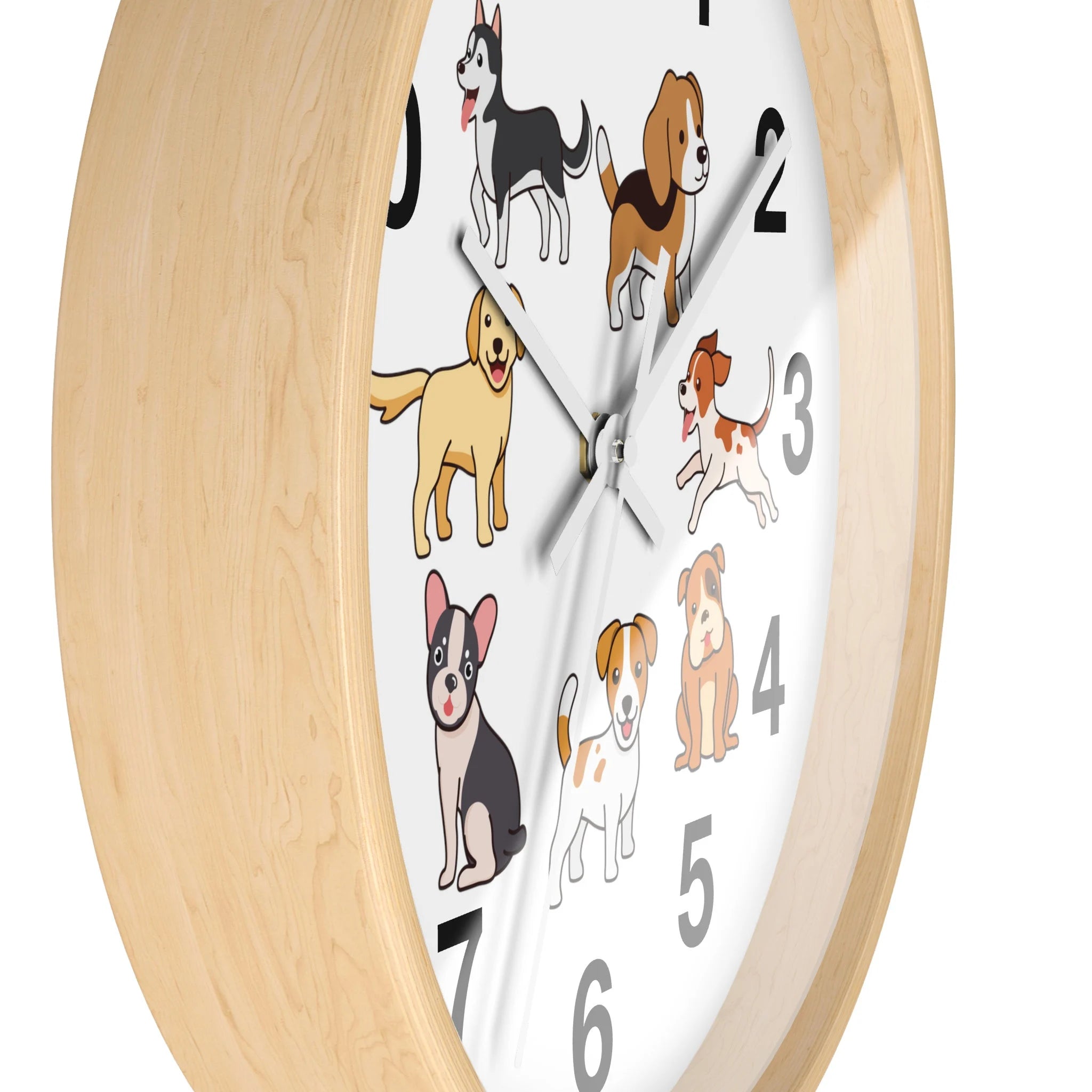 Kids Cartoon Dog Breeds Silent Wood Wall Clock