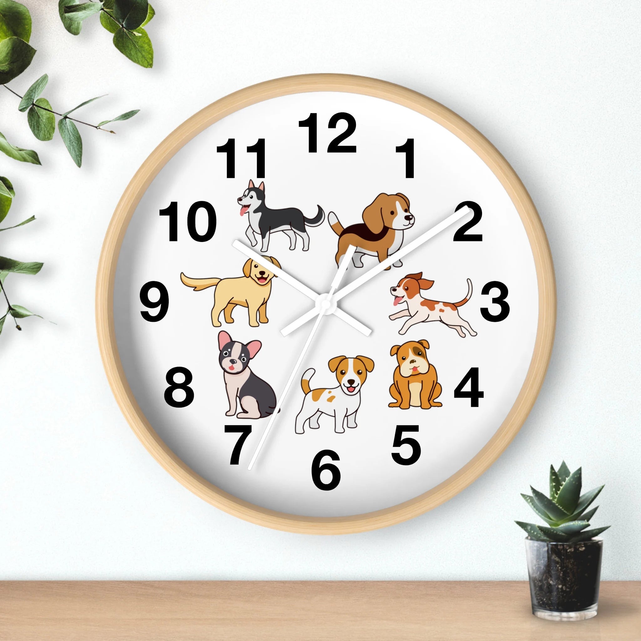 Kids Cartoon Dog Breeds Silent Wood Wall Clock