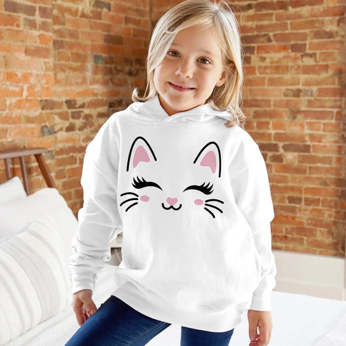 White hooded sweatshirt for girls featuring a cute cartoon cat face with pink ears black whiskers and blush cheeks