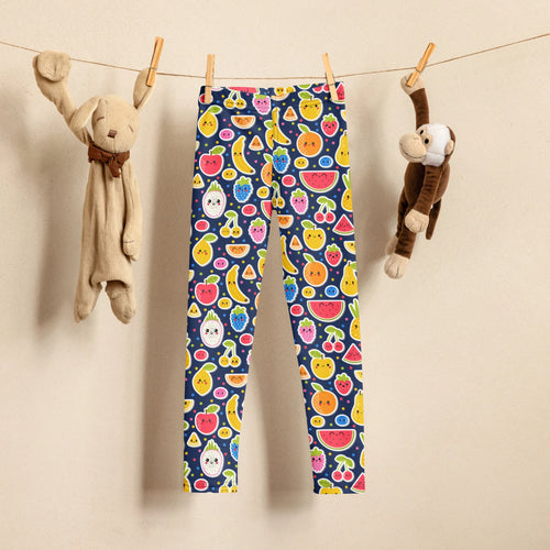 Dark blue girls emoji fruit buttery soft leggings with colorful cartoon fruits featuring cheerful faces