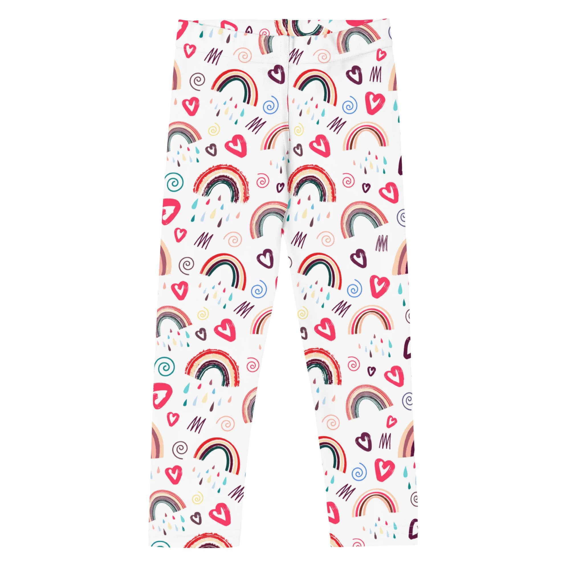 White girls rainbow doodle heart buttery soft leggings with colorful rainbows pink hearts and swirls pattern