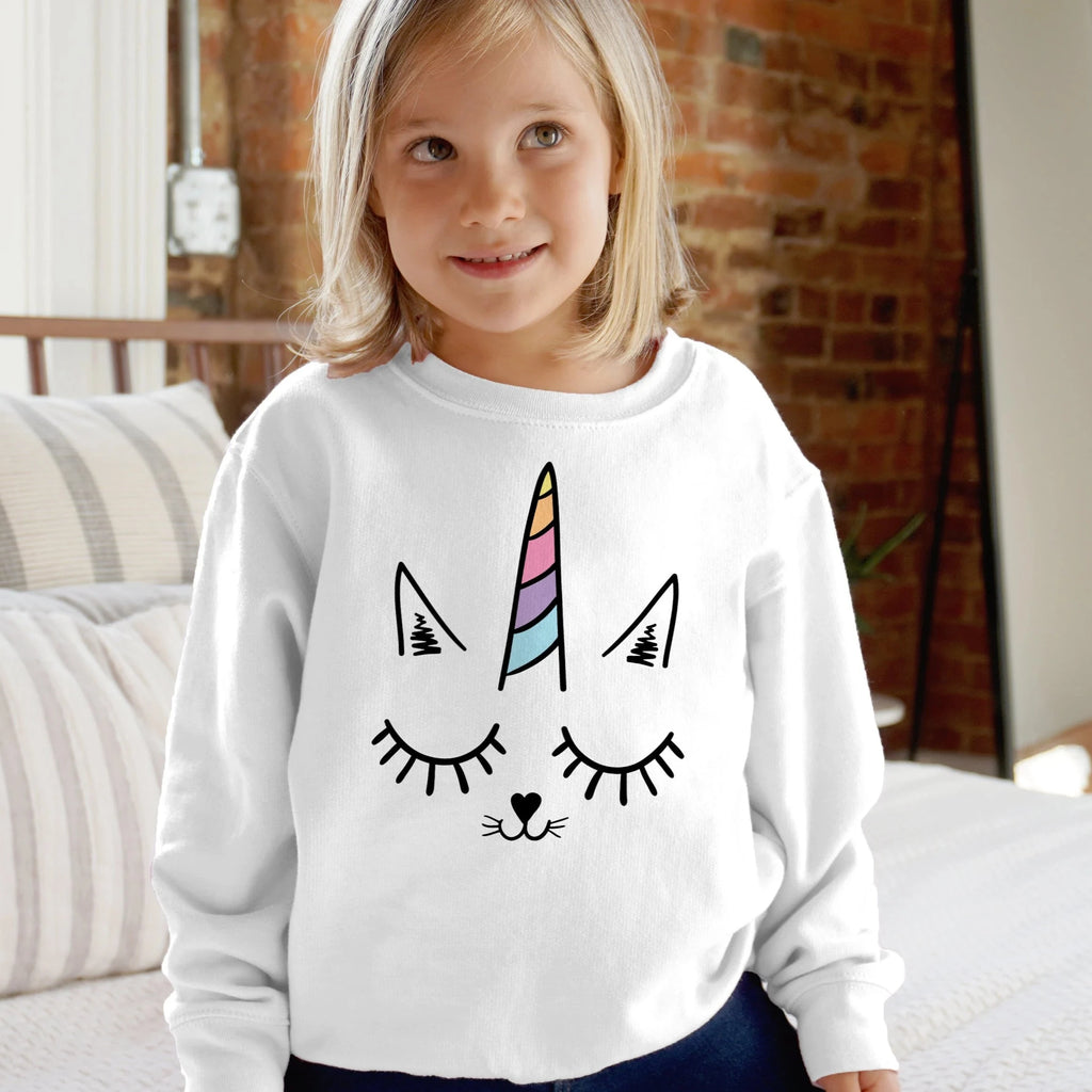 Girls Caticorn sweatshirt white long-sleeved with cartoon unicorn face rainbow horn black outlined features