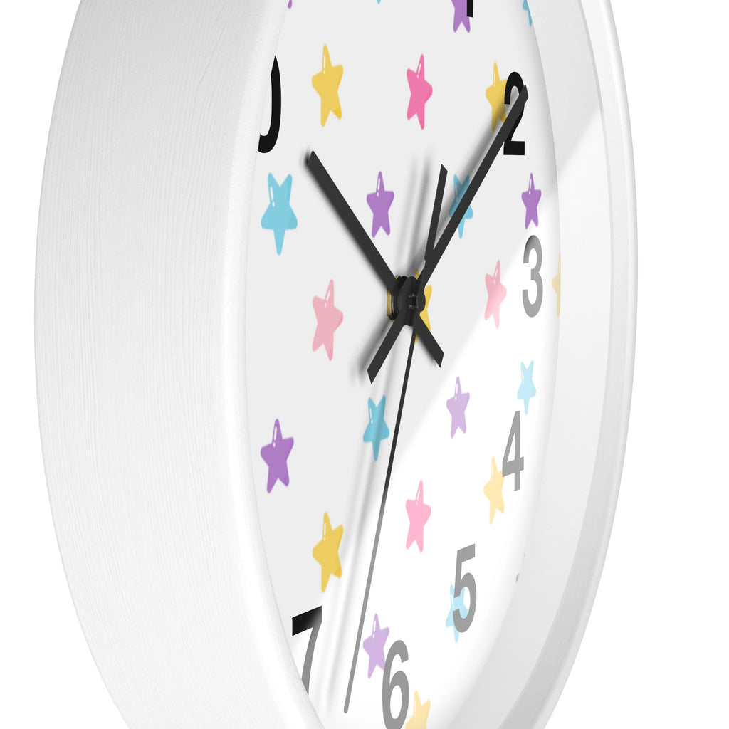 Kids colorful stars silent wood wall clock with white face and playful yellow pink purple and blue star design