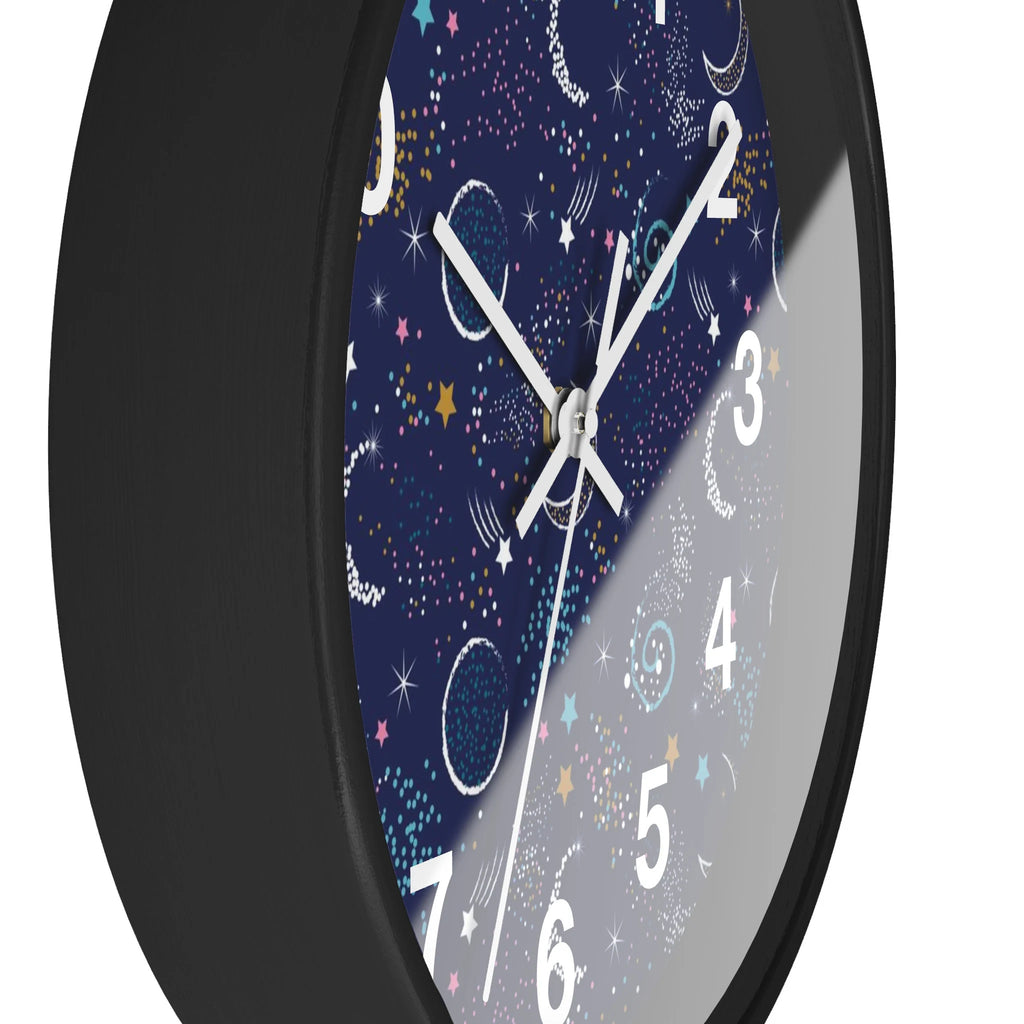 Kids night sky silent wood wall clock with sleek black frame and cosmic navy blue silver and gold starry face design